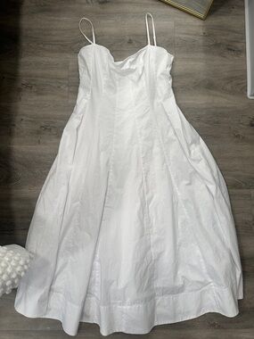 STAUD Seamed White Spaghetti-Strap Midi Dress